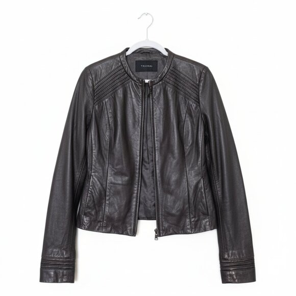 Tahari Dark Brown Genuine Leather Moto Jacket Women’s Medium – Zip Front - Picture 3 of 7